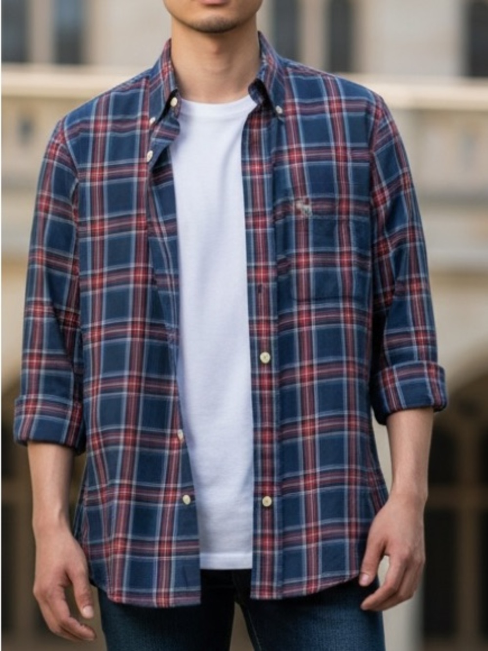 Abercrombie & Fitch Navy and Red Plaid Button-Down Muscle Fit Shirt XXL